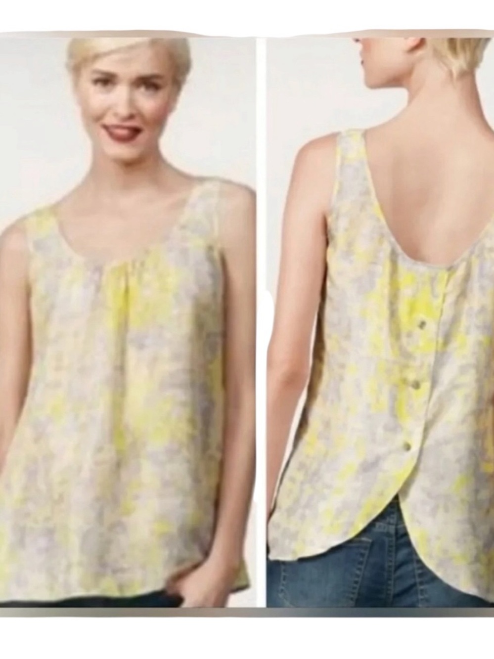 CABI Whisper Silk Sleeveless Scoop-Back Tank Top in Yellow and Gray - Small